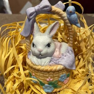 Vintage Ceramic Bunny in a Basket with Bell and Bluebird